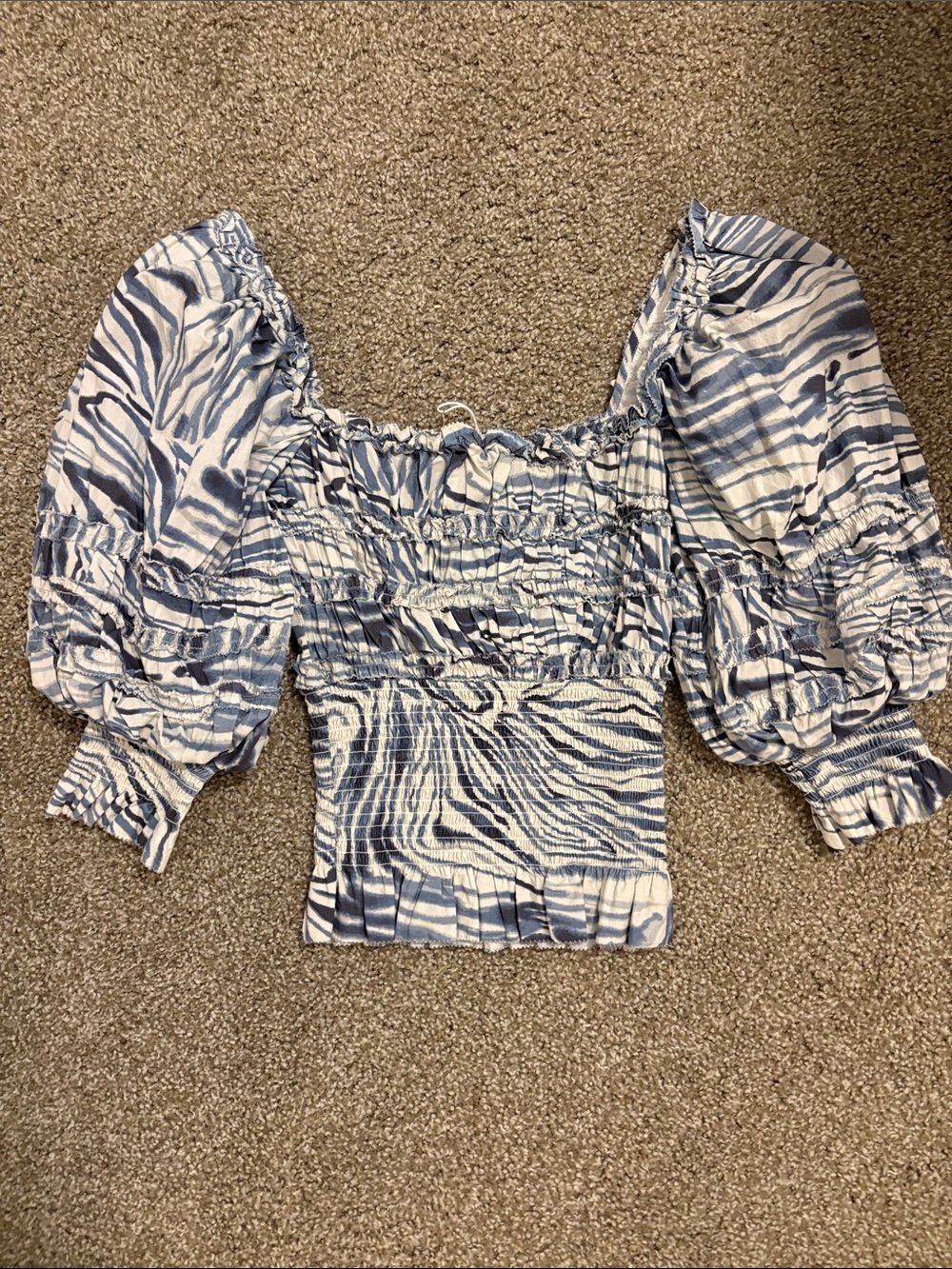 Love The Label - Blue & White Smocked Puff Sleeve Crop Top
